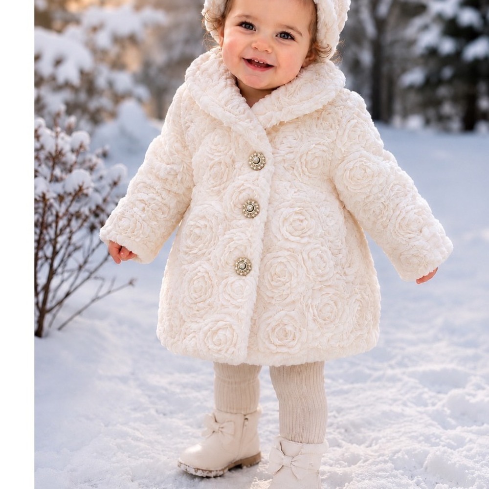 Blueberi Boulevard Girls 18M Cream Faux Fur Rosette Dress Coat Rhinestone Button
